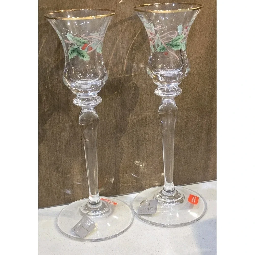 VTG Set 2 MIKASA Christmas Holly Ribbon Single Light Candlesticks‎ Cottagecore